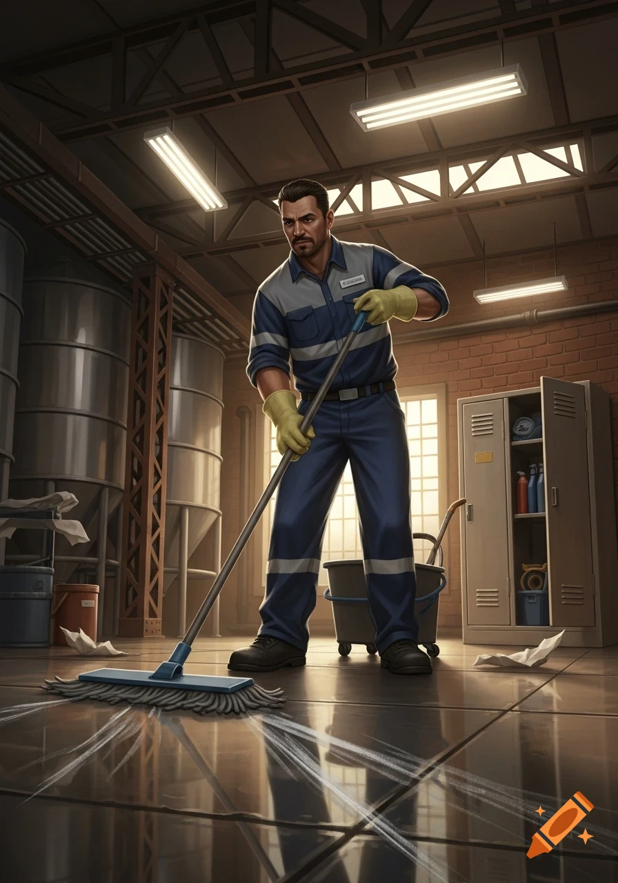 A male janitor in a blue and grey uniform and yellow gloves mops a shiny floor in an industrial building with large metal tanks.