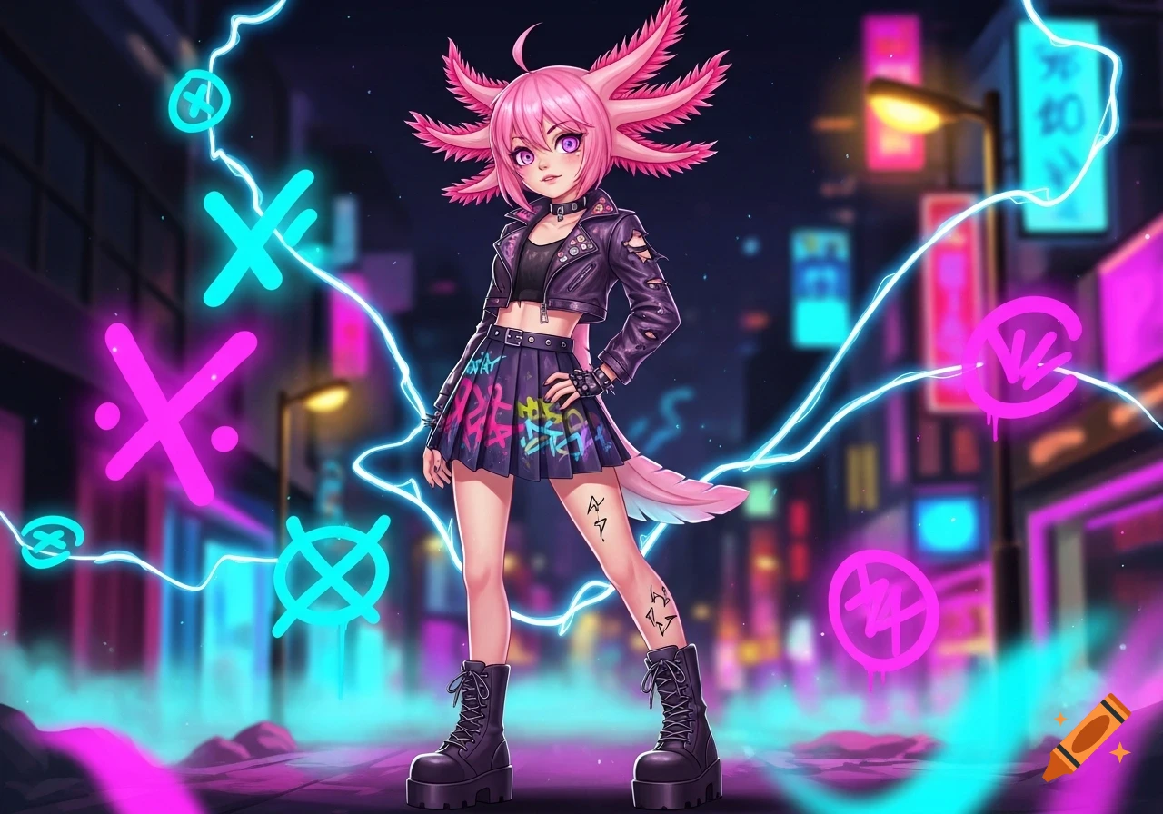 Pink-haired axolotl anime punk girl in a leather jacket and graffiti skirt stands on a neon-lit city street.