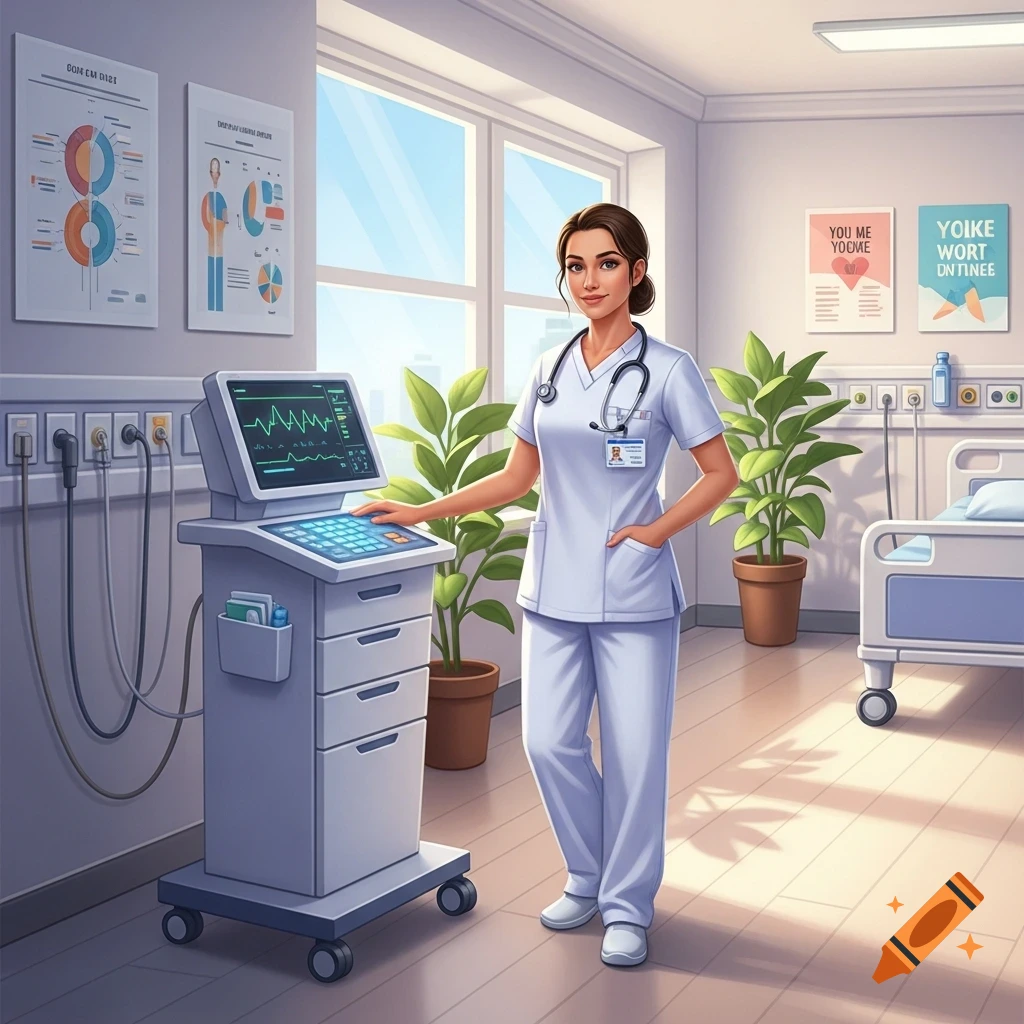 A female nurse in scrubs and a stethoscope stands by a medical monitor in a clean hospital room with a bed and plants.