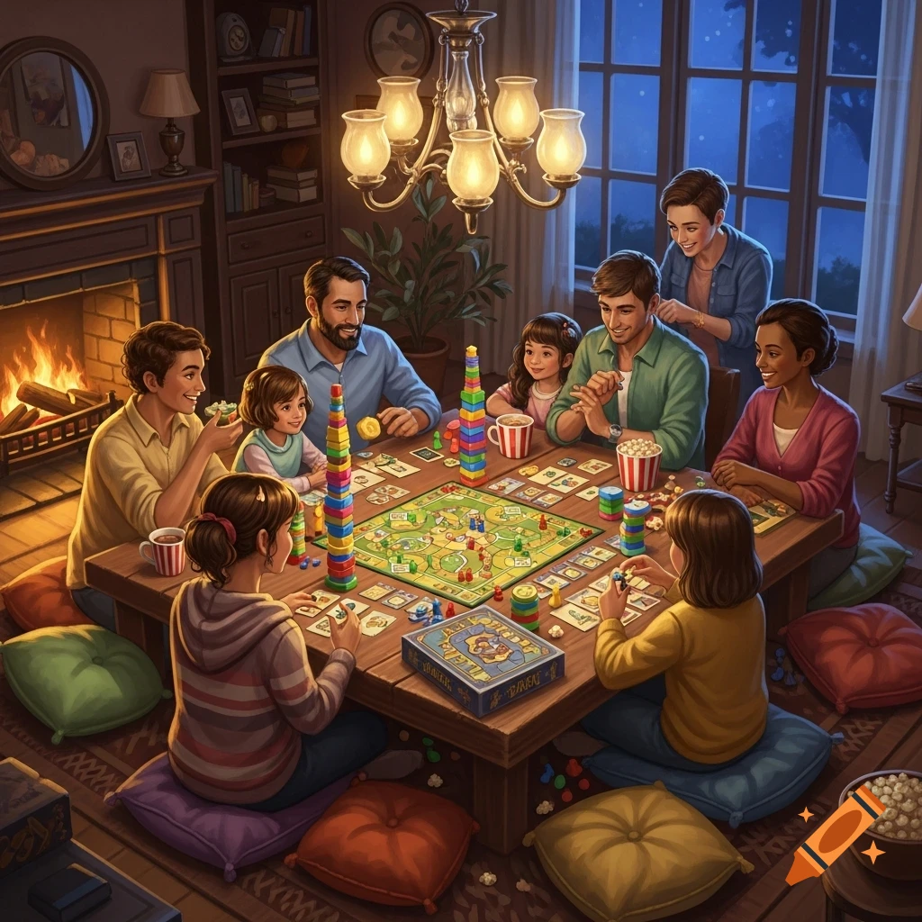 A diverse group of adults and children happily playing a board game together in a warm, cozy living room by a fireplace at night. Stacks of colorful game pieces and snacks are on the table.
