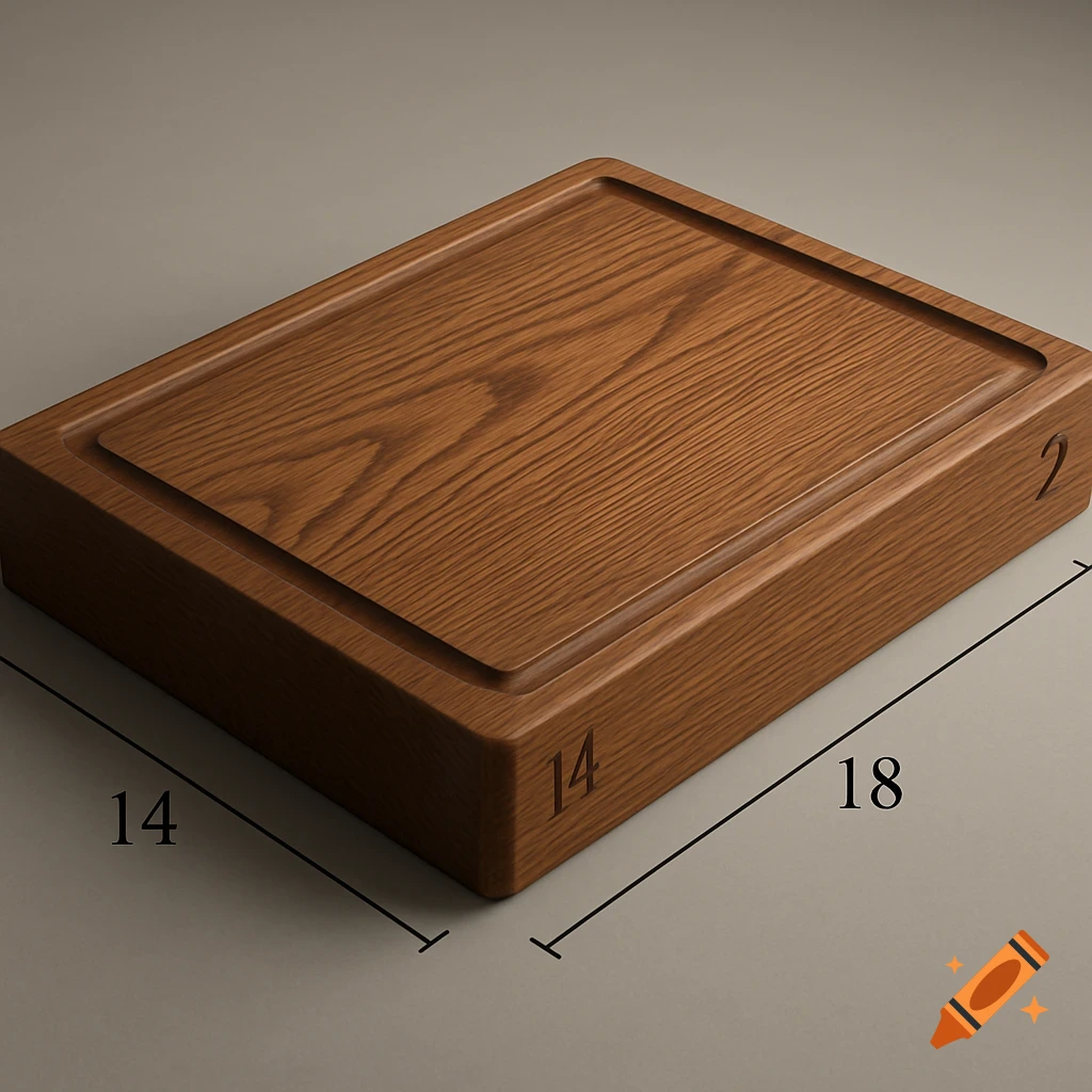 A rectangular wooden cutting board shown at an angle, with dimensions 18, 14, and 2 indicated by numbers and lines.