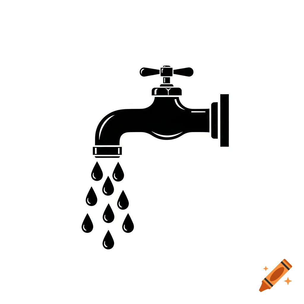 A black and white pictogram of a water faucet with drops of water flowing from it.