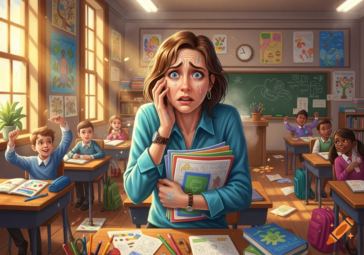An overwhelmed teacher with papers clutches her face, crying and sweating in a chaotic classroom with young, active children raising their hands.