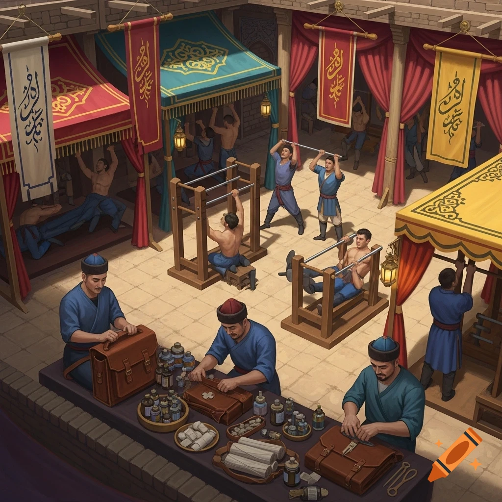 An isometric view of a bustling Central Asian marketplace or courtyard, with men exercising on traditional wooden fitness equipment, and others preparing first aid supplies at a long table. Banners with decorative script hang above colorful stalls.