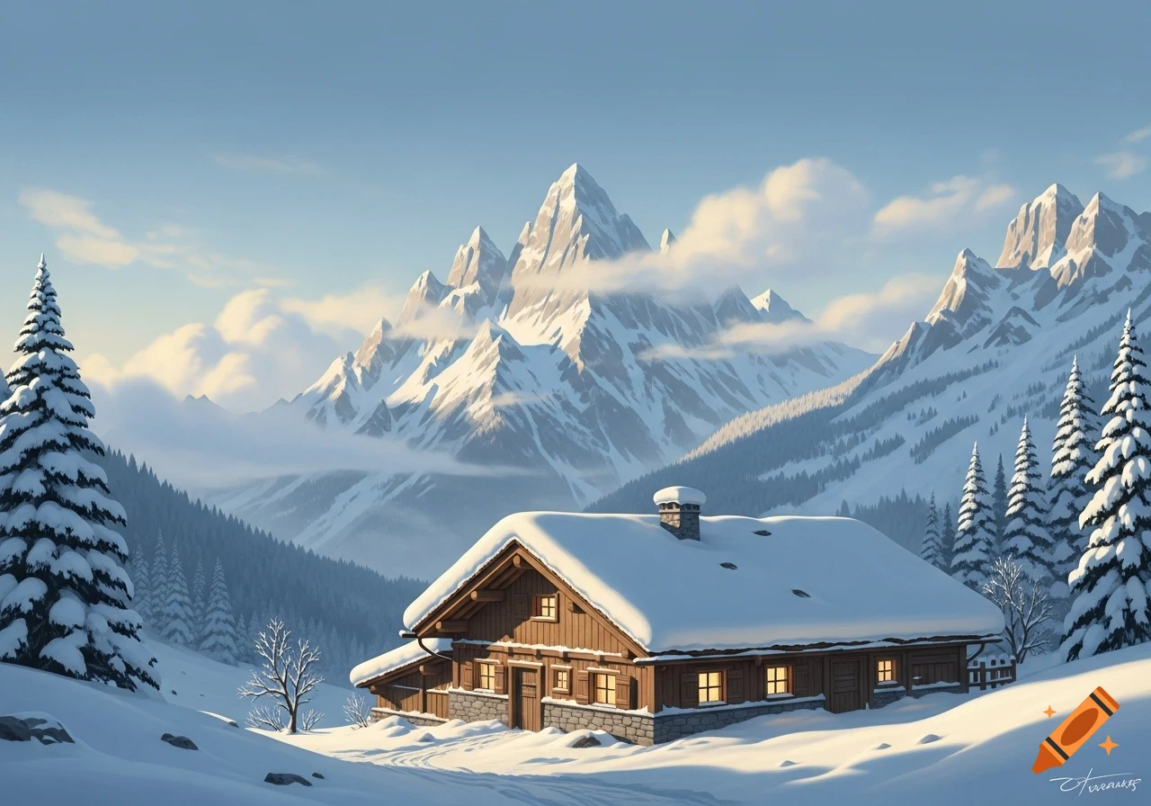 A cozy wooden cabin covered in deep snow nestled in a vast, snow-covered mountain landscape under a clear, bright sky.