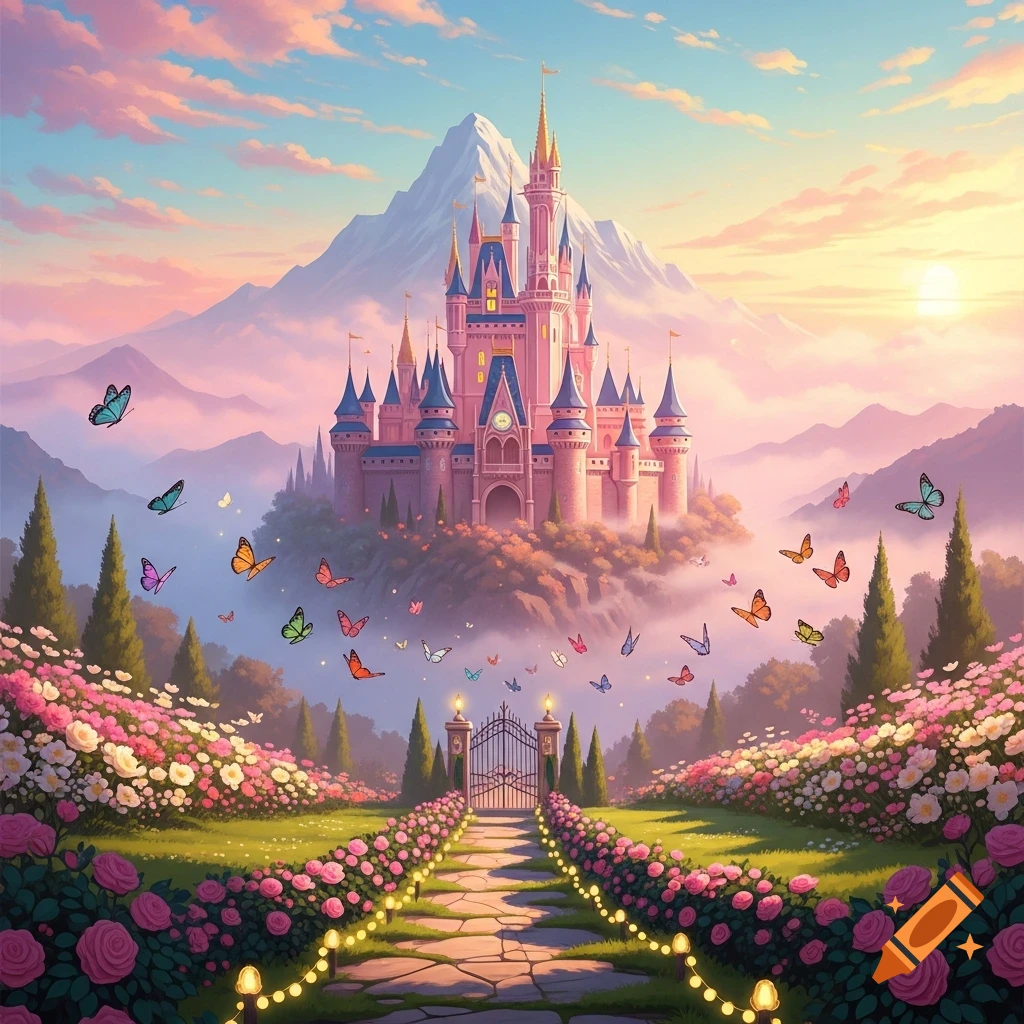 A whimsical pink princess castle on a misty mountain, surrounded by colorful butterflies and lush gardens with roses, under a pastel sunrise sky.