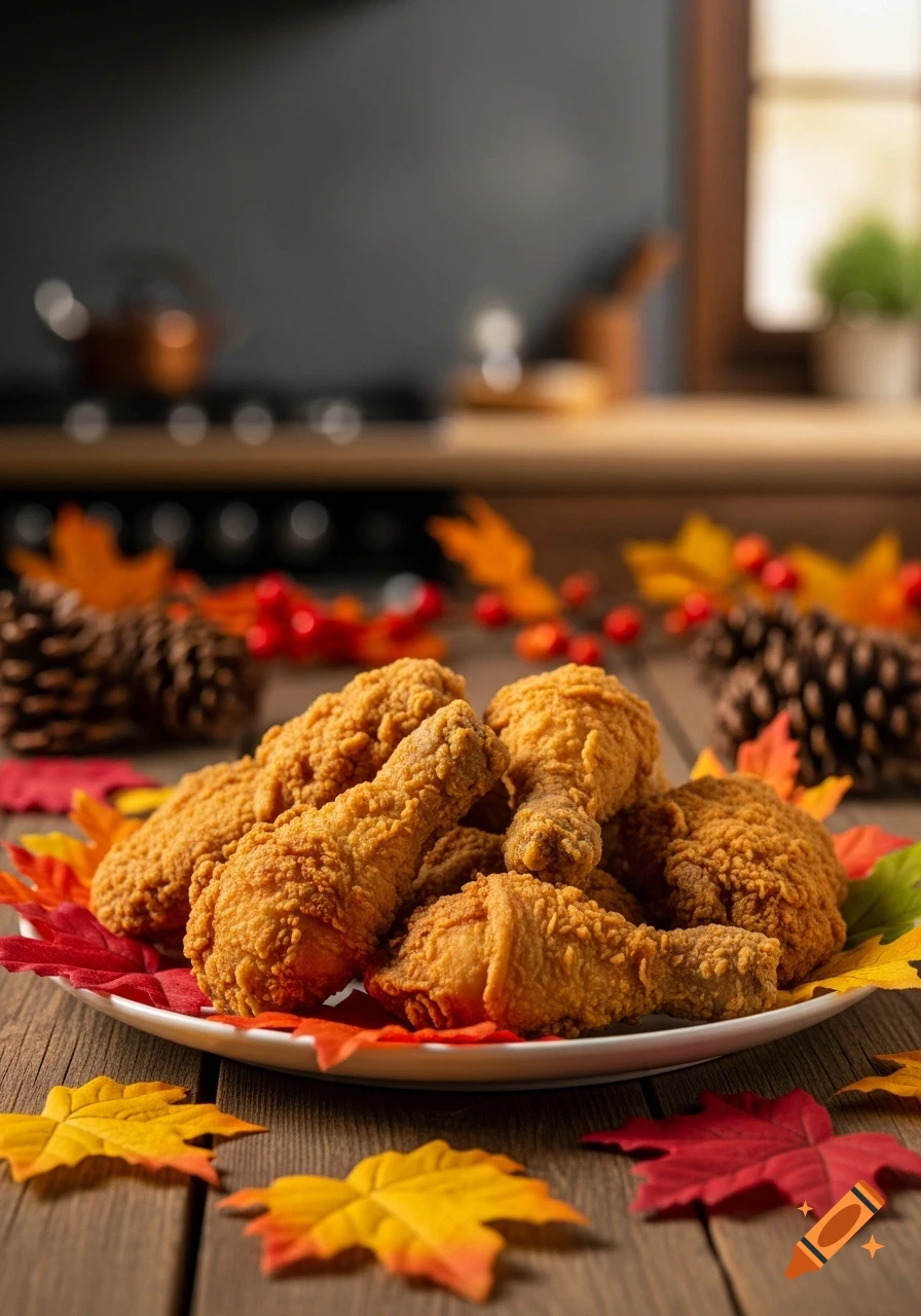 Photorealistic image of fried chicken on a plate surrounded by colorful autumn leaves on a wooden table.