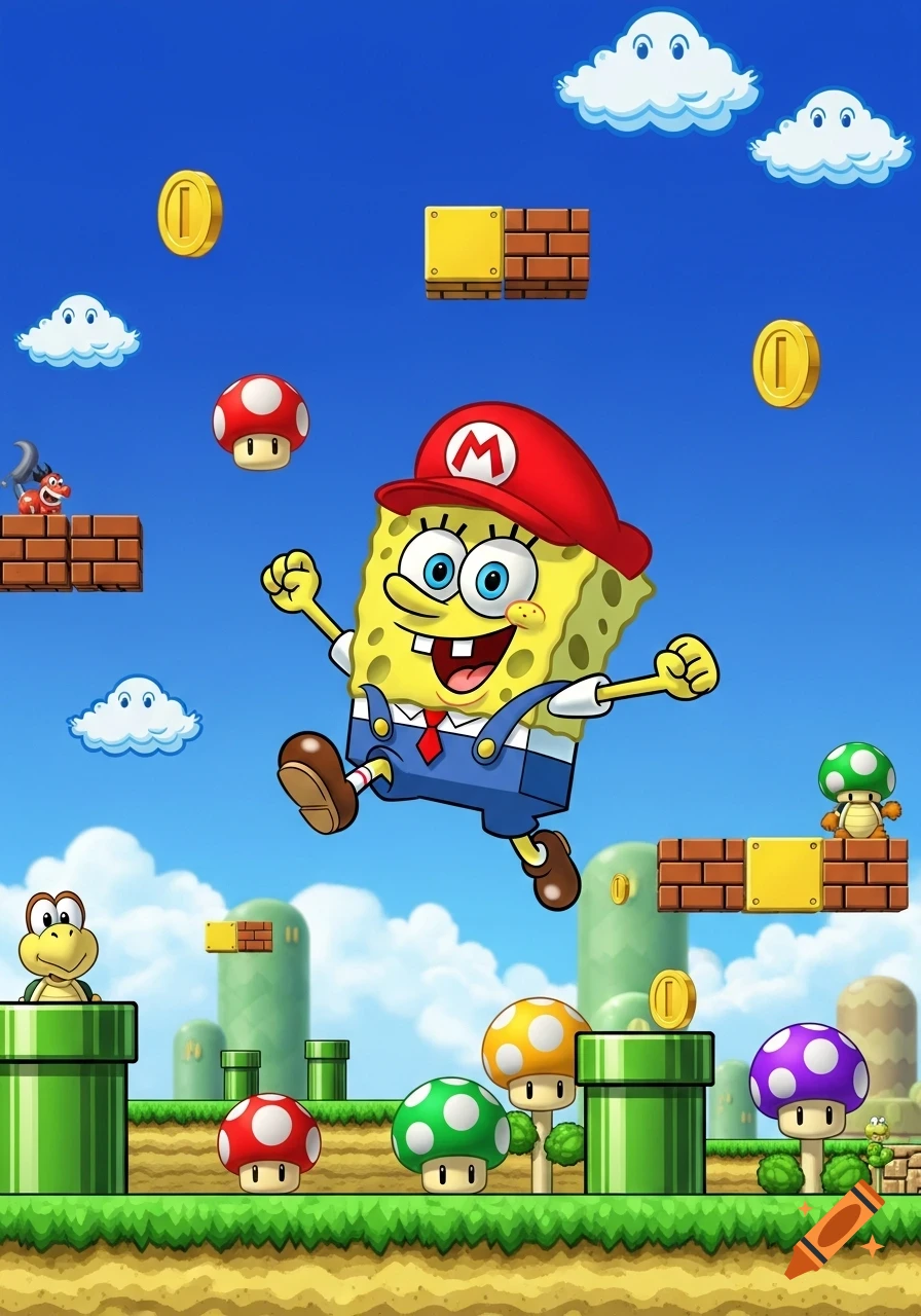 Spongebob Squarepants dressed as Mario, jumping in a Super Mario Bros. themed landscape with coins, blocks, and mushrooms.