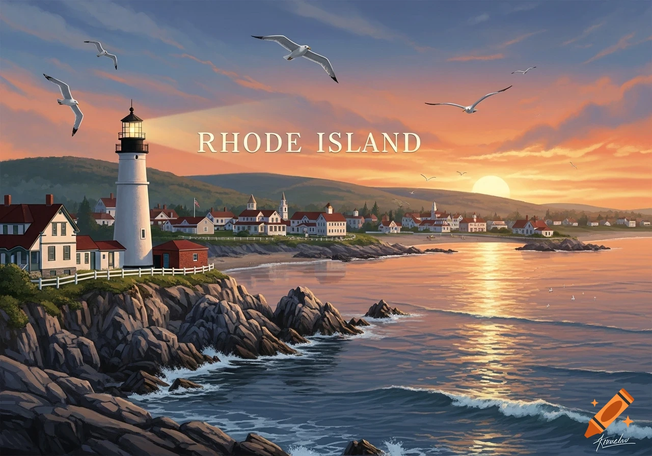 Illustrative painting of a lighthouse on a rocky Rhode Island coast with a town, ocean, and sunset.