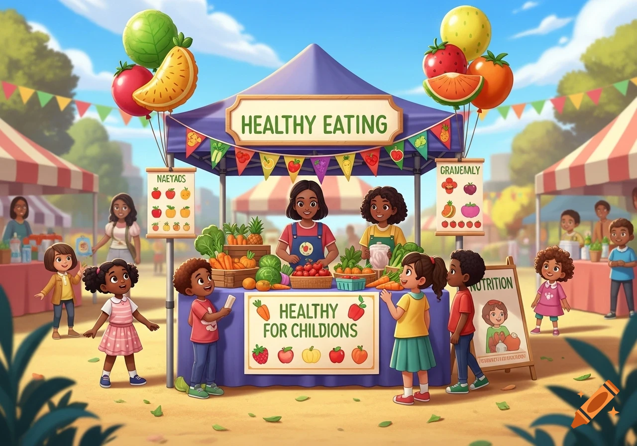 Cartoon illustration of a diverse group of happy children and adults at a vibrant pop-up market stall selling fresh fruits and vegetables, promoting healthy eating.