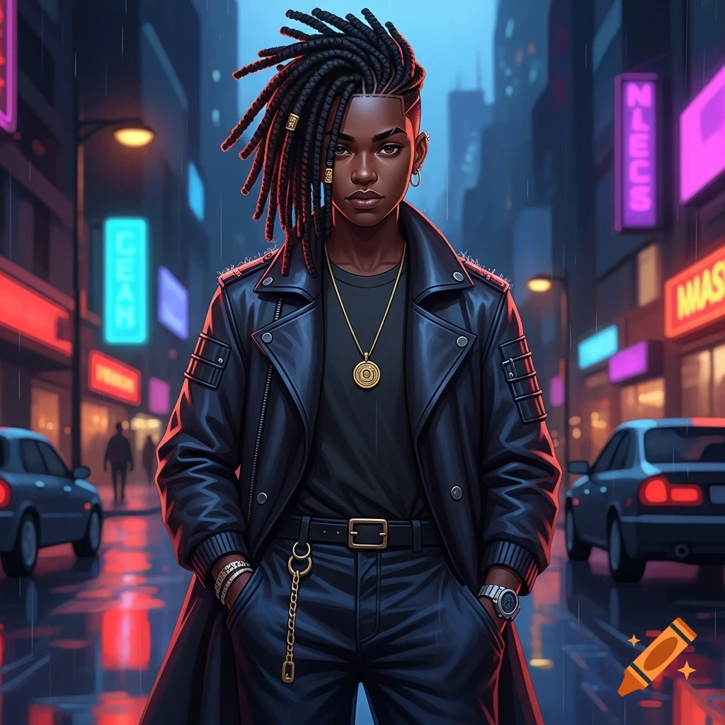 A person with dreadlocks and a black leather jacket stands on a neon-lit city street at night in a stylized illustration.