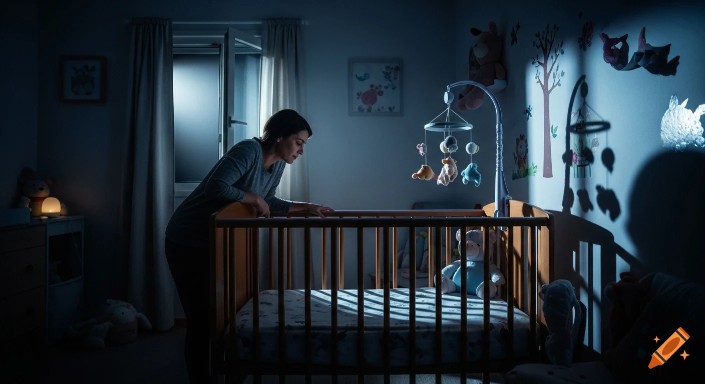 A woman leans over a wooden baby crib in a dimly lit nursery at night, with a mobile hanging above.