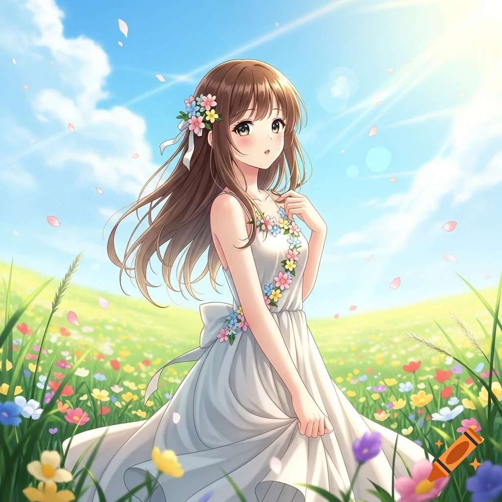 An anime girl with brown hair and a white floral dress stands in a sunny flower field under a blue sky.