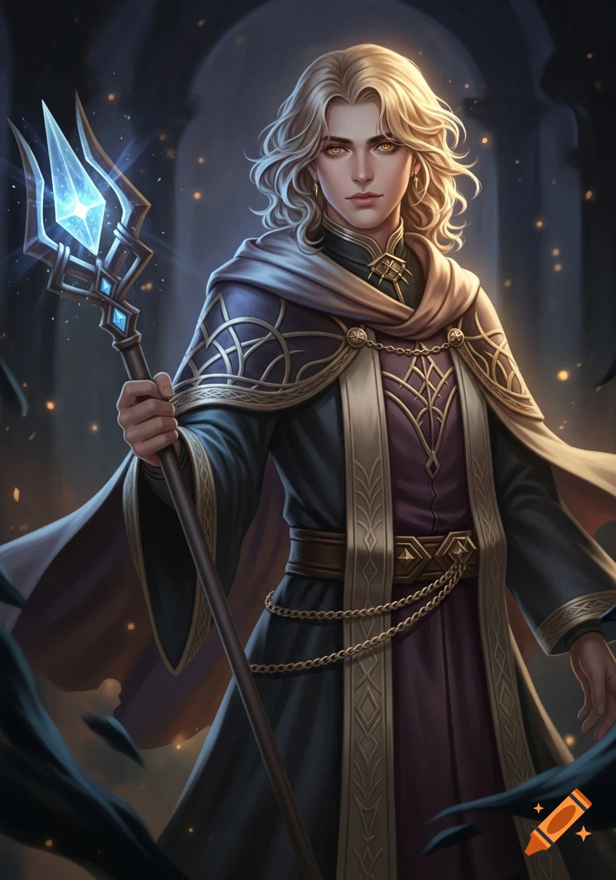 An Elden Ring-style painting of a young man with wavy blonde hair and gold eyes, wearing sorcerer robes and holding a glowing blue glintstone staff.