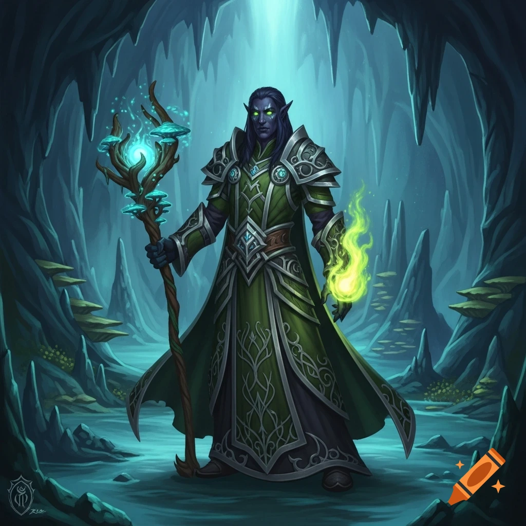 A dark-skinned male Drow druid in green and silver robes holds a ...