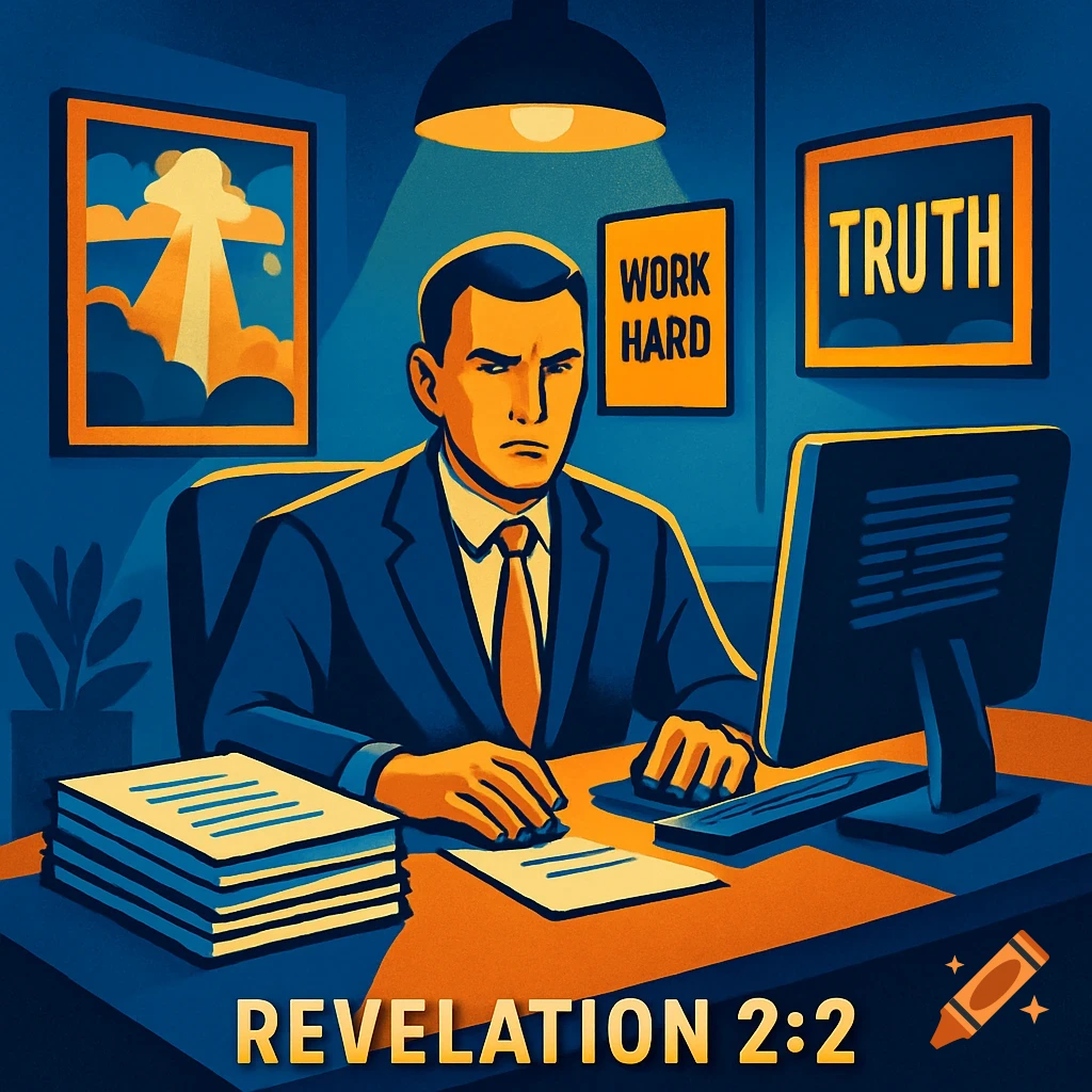 Illustrative image of a serious man in a suit working at an office desk, with posters saying 'WORK HARD' and 'TRUTH', and 'REVELATION 2:2' at the bottom.