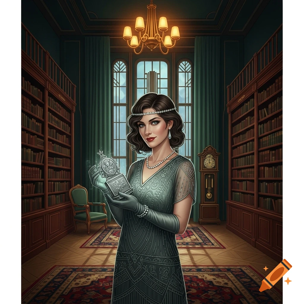 An art deco illustration of a beautiful woman holding an ornate relic in a mysterious 1920s library.