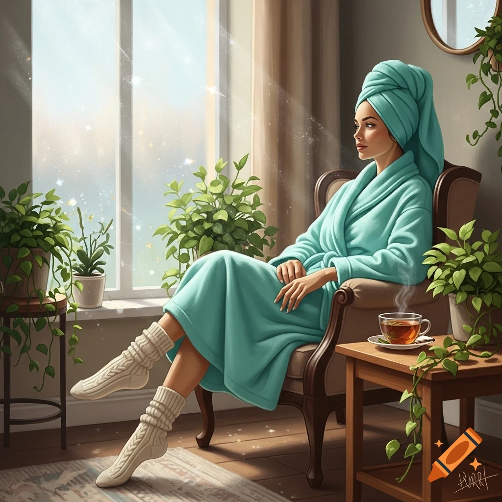 A woman in a turquoise bathrobe and socks relaxes in an armchair by a window, surrounded by houseplants, sipping tea.