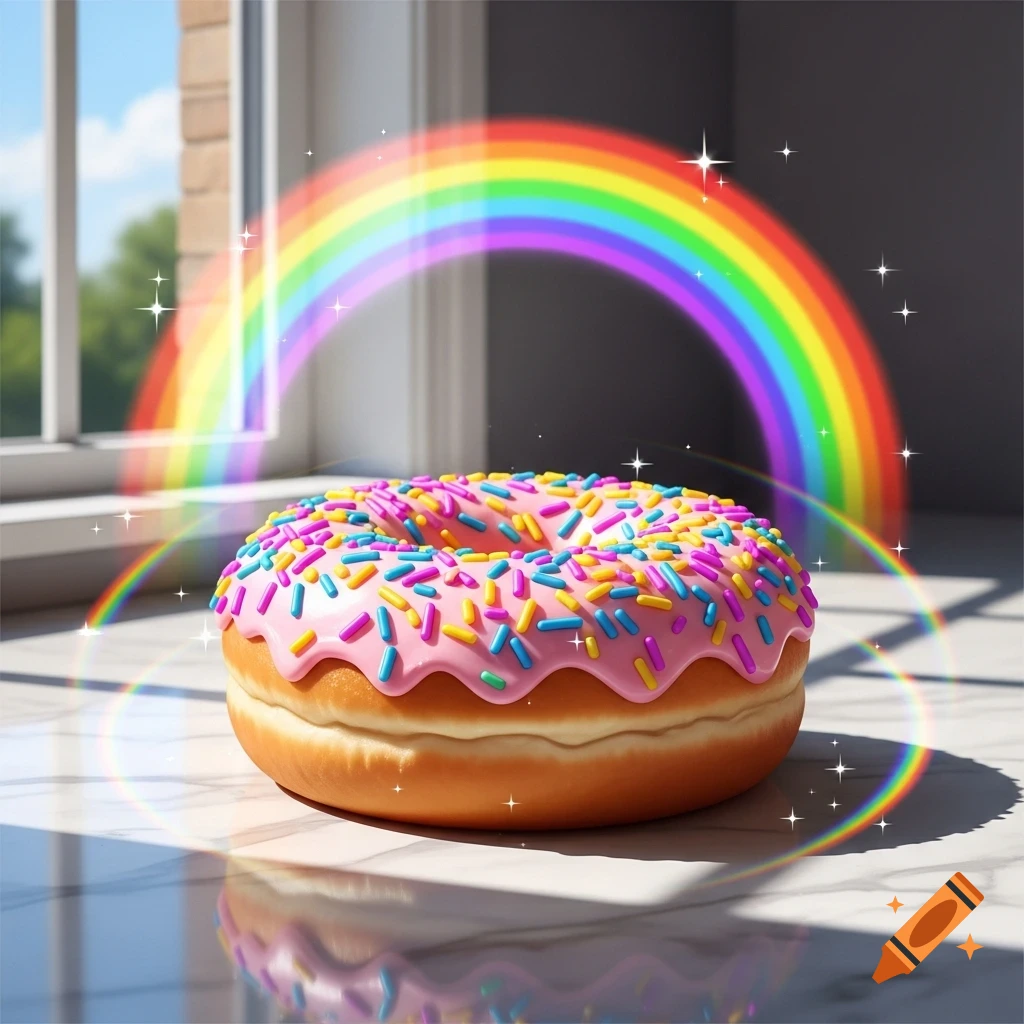 A photorealistic donut with pink icing and colorful sprinkles sits on a reflective surface, with a bright rainbow arching above it.