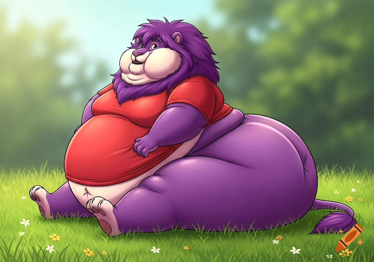 Cartoon: An extremely obese purple male lion in a red t-shirt sits on green grass.