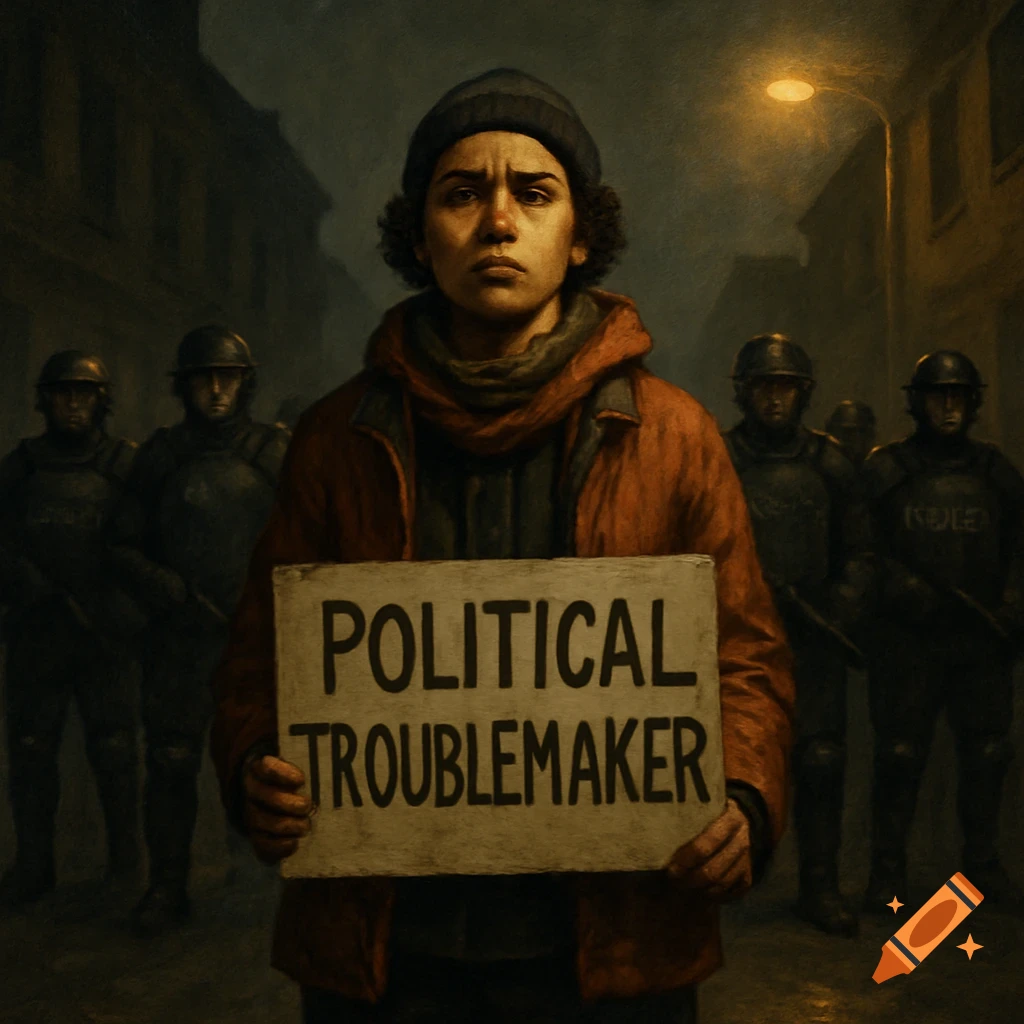 A person holds a 'Political Troublemaker' sign in front of armed police on a dark street at night, in a painterly style.