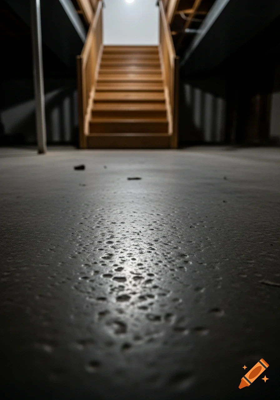 Low-angle view of a textured concrete basement floor with wooden stairs rising into a bright area in the background.