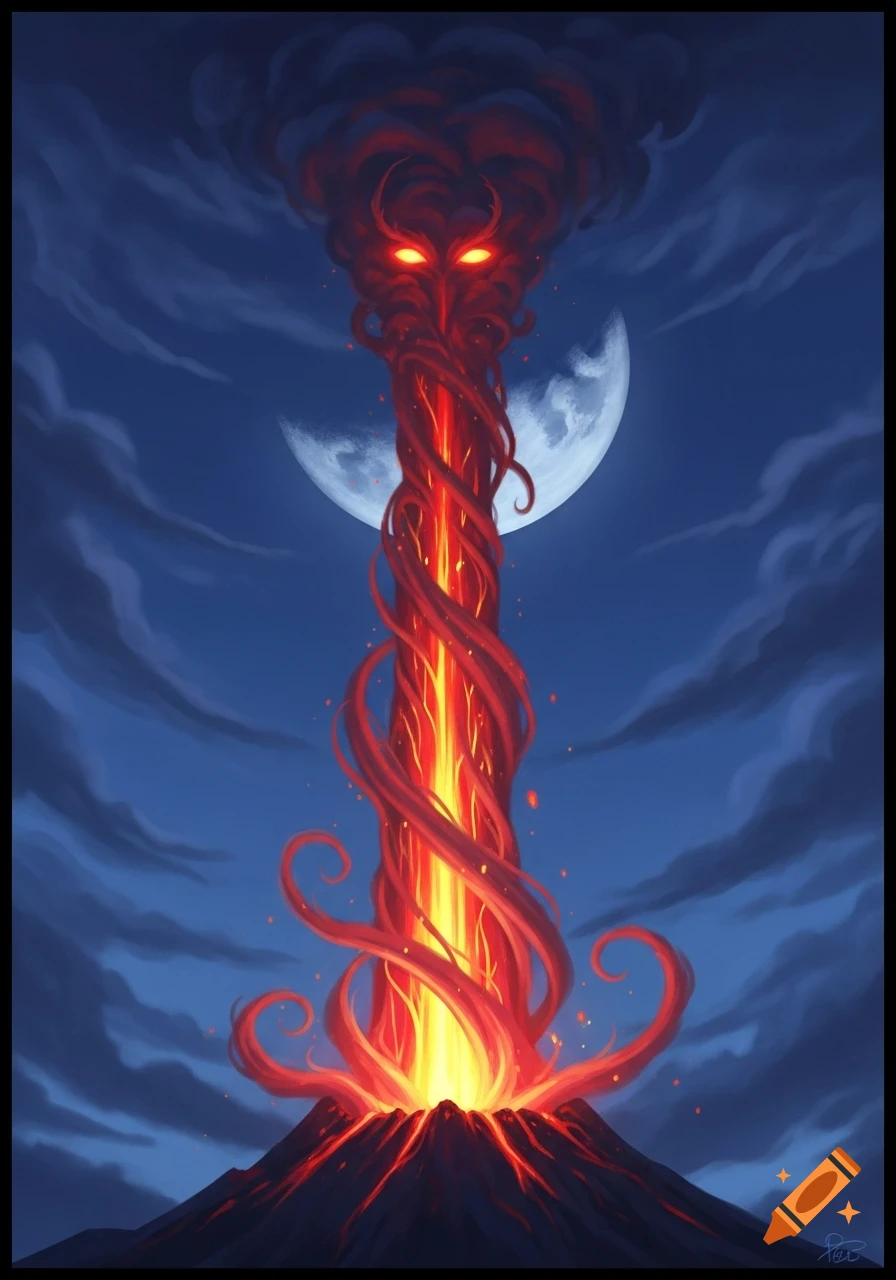 A stylized volcano erupts with a fiery column forming a menacing face with glowing red eyes against a night sky and moon.