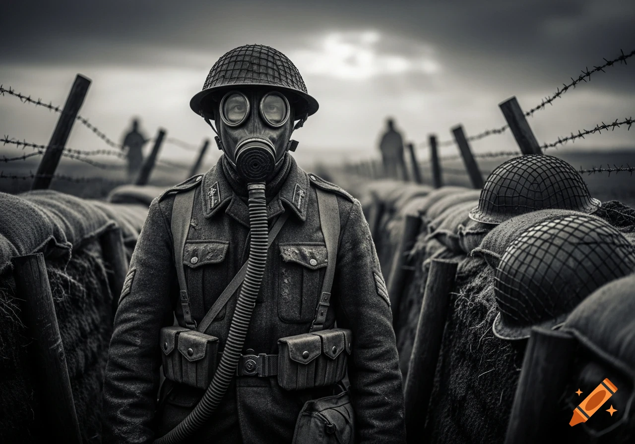 Black and white photorealistic image of a WWI soldier in a gas mask standing in a trench.