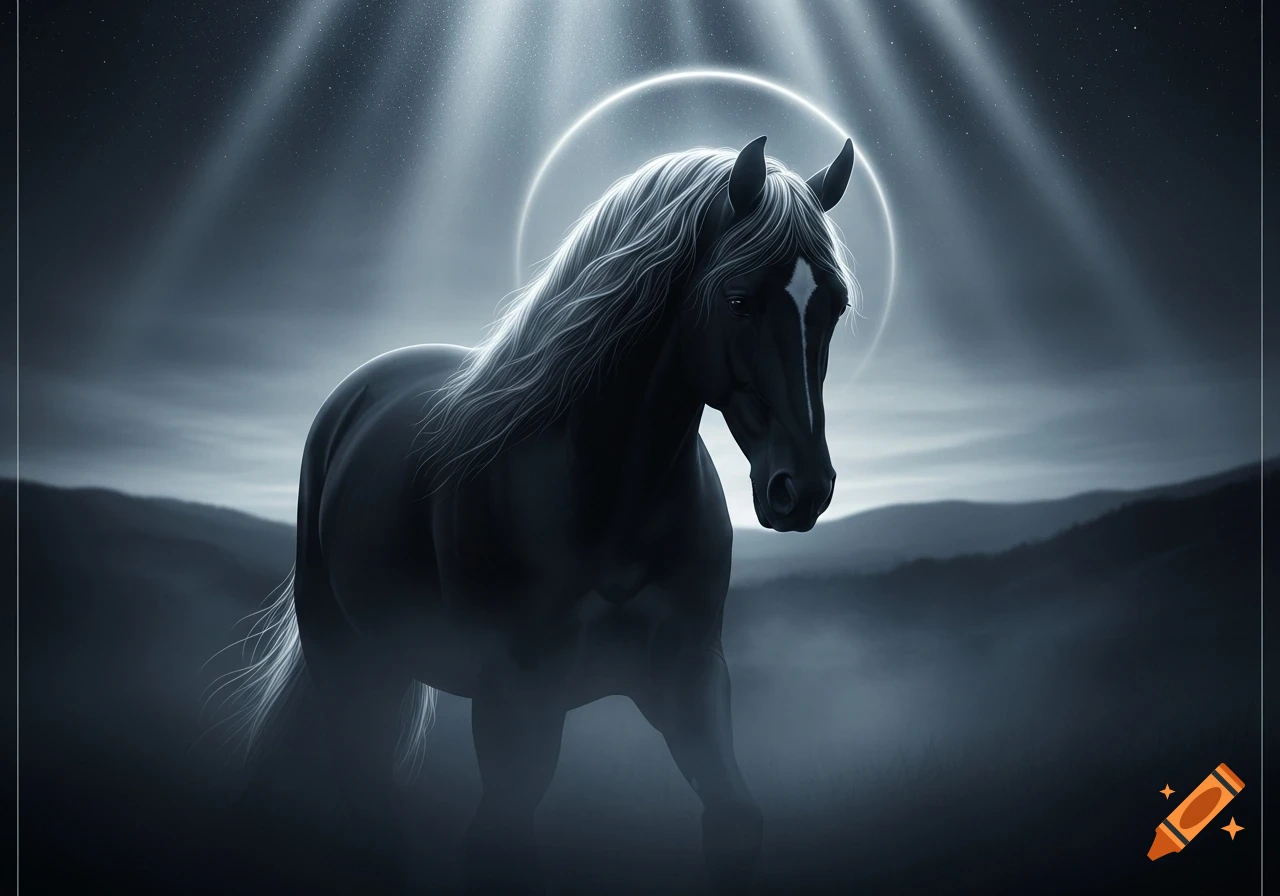 A majestic black horse with a white halo and flowing mane stands in a ...