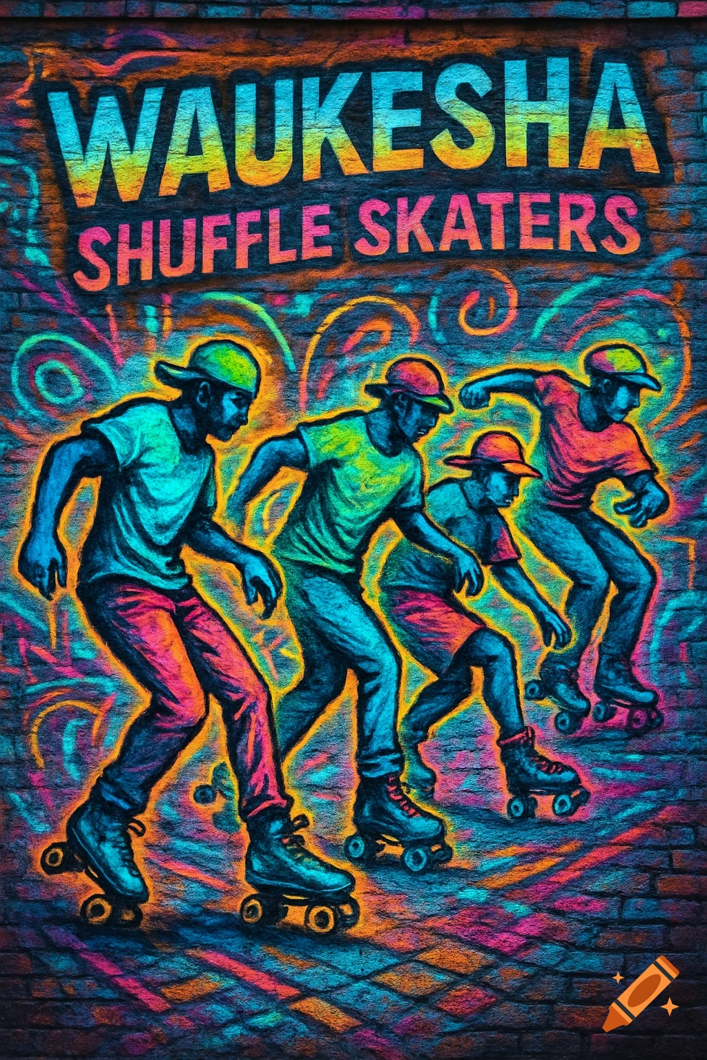 Neon graffiti art on a brick wall depicts four people roller skating, with text "WAUKESHA SHUFFLE SKATERS".
