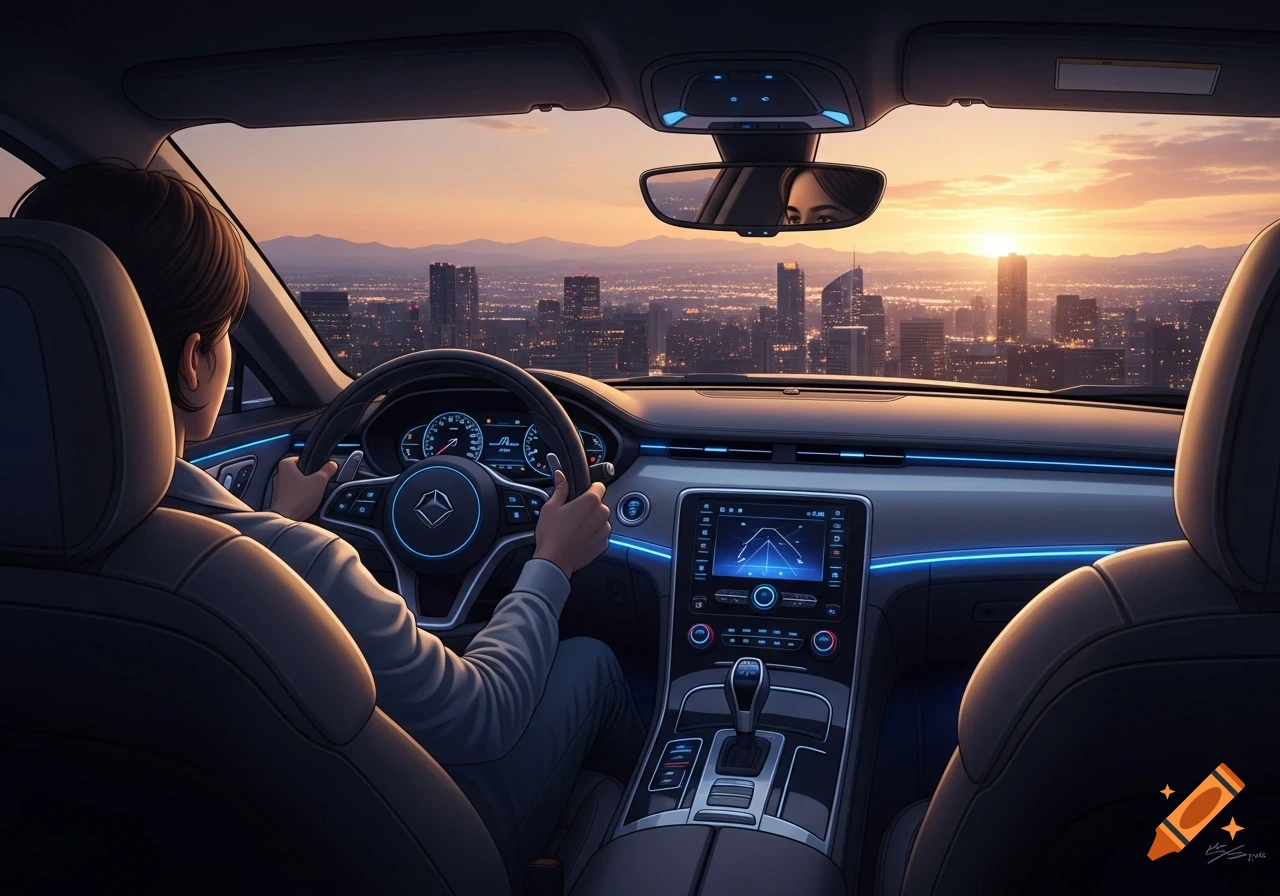 A person drives a modern car with blue ambient lighting, overlooking a city skyline at sunset.