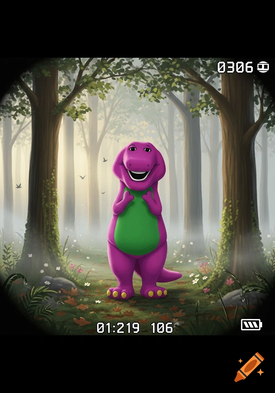 Barney the dinosaur stands in a misty forest, viewed through a trail camera's lens overlay with time and battery icons.