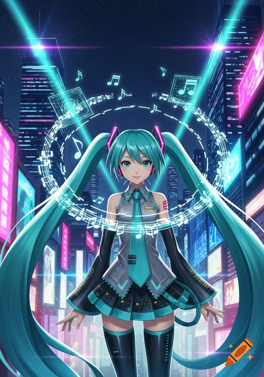 Hatsune Miku stands in a vibrant, neon-lit futuristic city, surrounded by glowing musical notes.