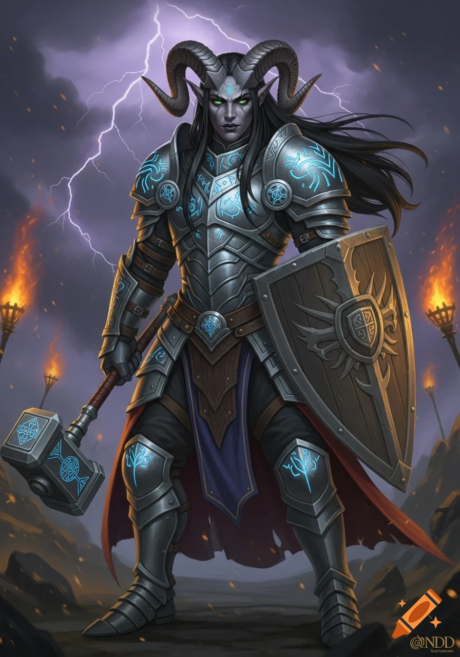 A grey-skinned tiefling warrior with ram horns and green eyes stands in heavy silver armor, holding a hammer and shield under a lightning storm. Fantasy art style.