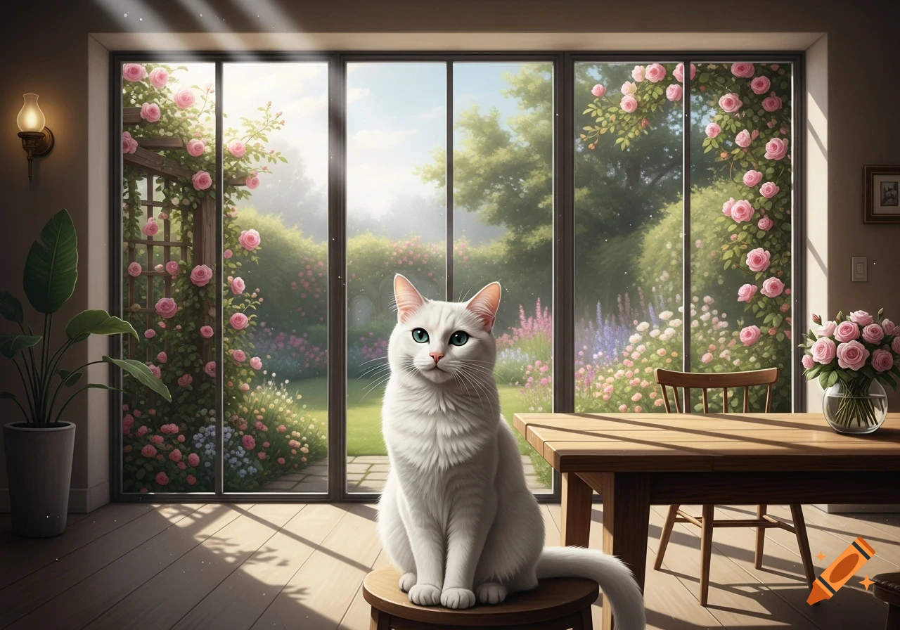 A white cat with green eyes sits on a stool, looking out a large window at a lush garden with pink roses and flowers under sunlight.