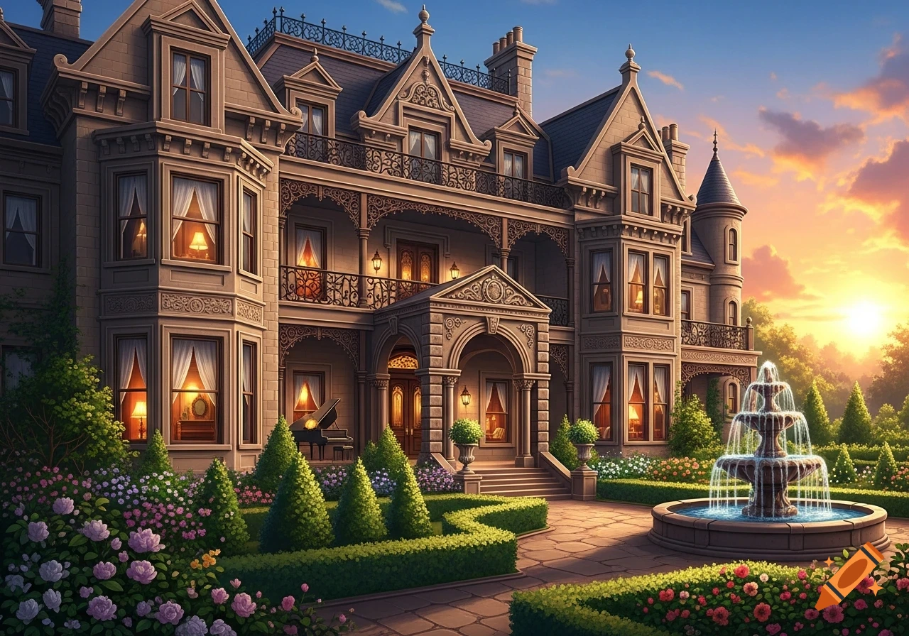 A grand Victorian mansion with a sprawling garden and fountain at sunset.