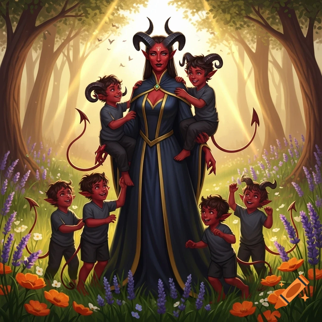 A red-skinned tiefling woman with horns and a dark blue dress stands in a sunlit forest clearing, surrounded by five red-skinned tiefling children with horns and tails.