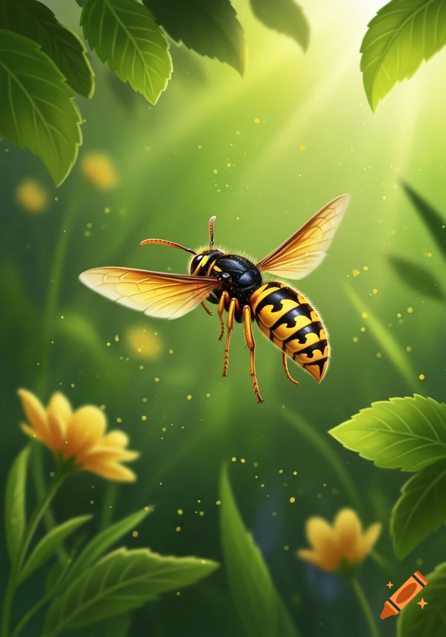 A detailed illustration of a yellowjacket wasp flying in a lush green environment with leaves and blurry yellow flowers.