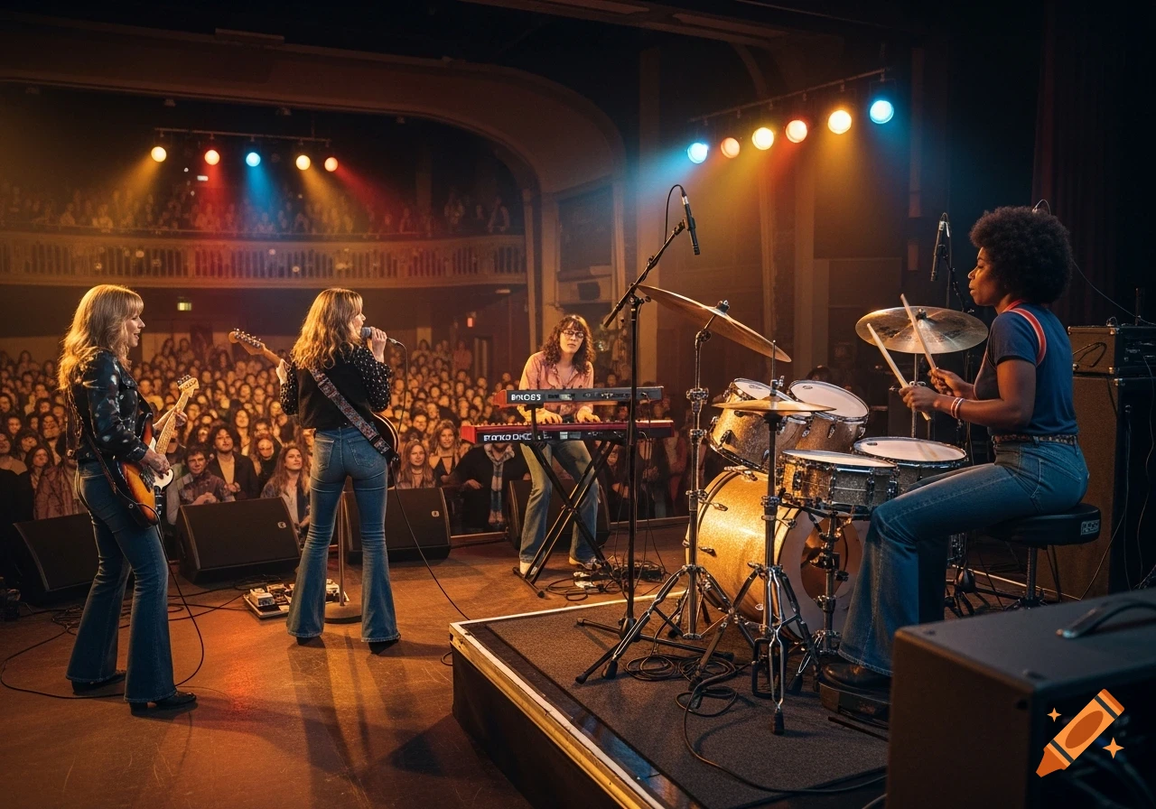 A photorealistic image of an all-female rock band performing a concert on stage in a sold-out theater.