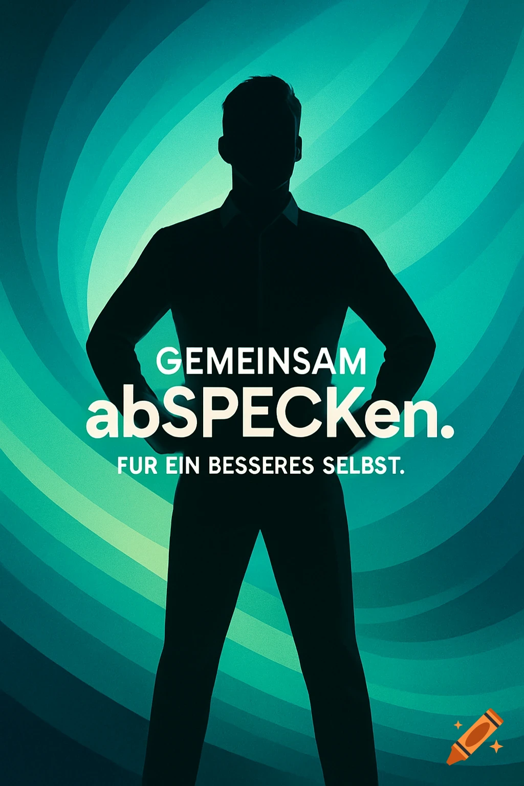 A stylized poster featuring a dark silhouette of a man against a vibrant green and teal swirling background, with German text.