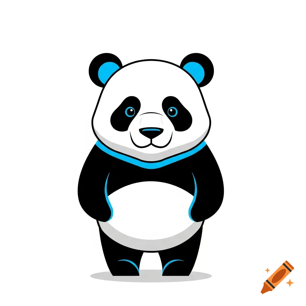 A minimalist vector art cartoon panda, black and white with bright blue accents, standing on a plain white background.