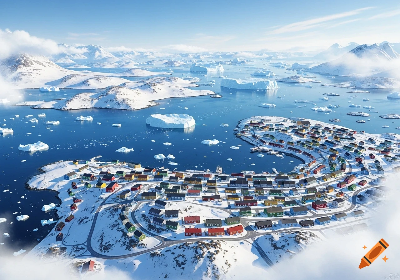 Aerial view of a colorful village nestled on snowy islands amidst ice-filled waters and mountains under a blue sky.