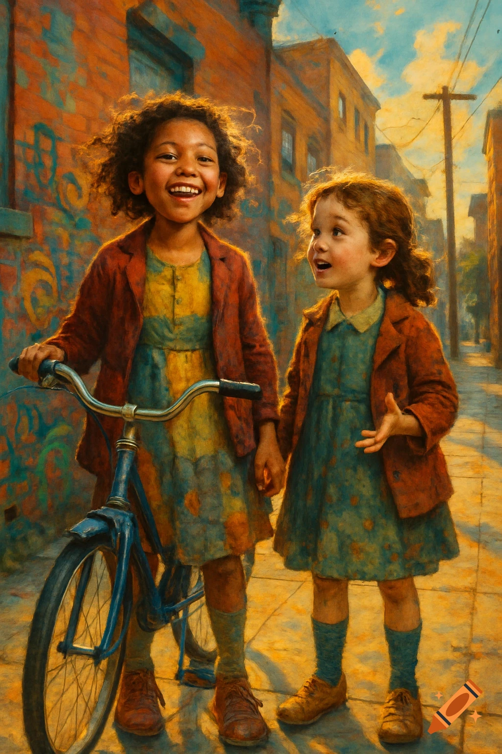 Two young girls on a sunny city street, one holding a bicycle and smiling, in a vibrant painterly style.