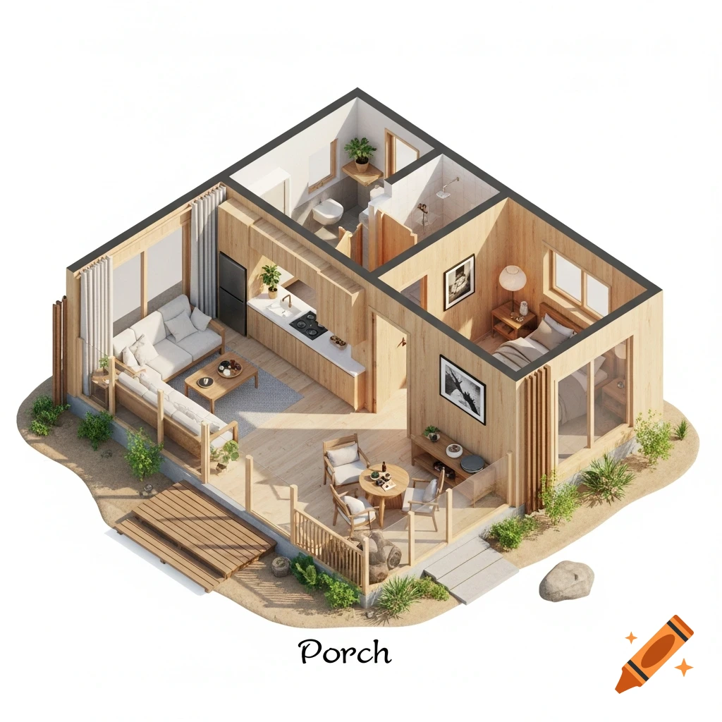 Isometric 3D floor plan of a modern small cabin with light wood interior, living room, kitchen, bedroom, bathroom, and porch.