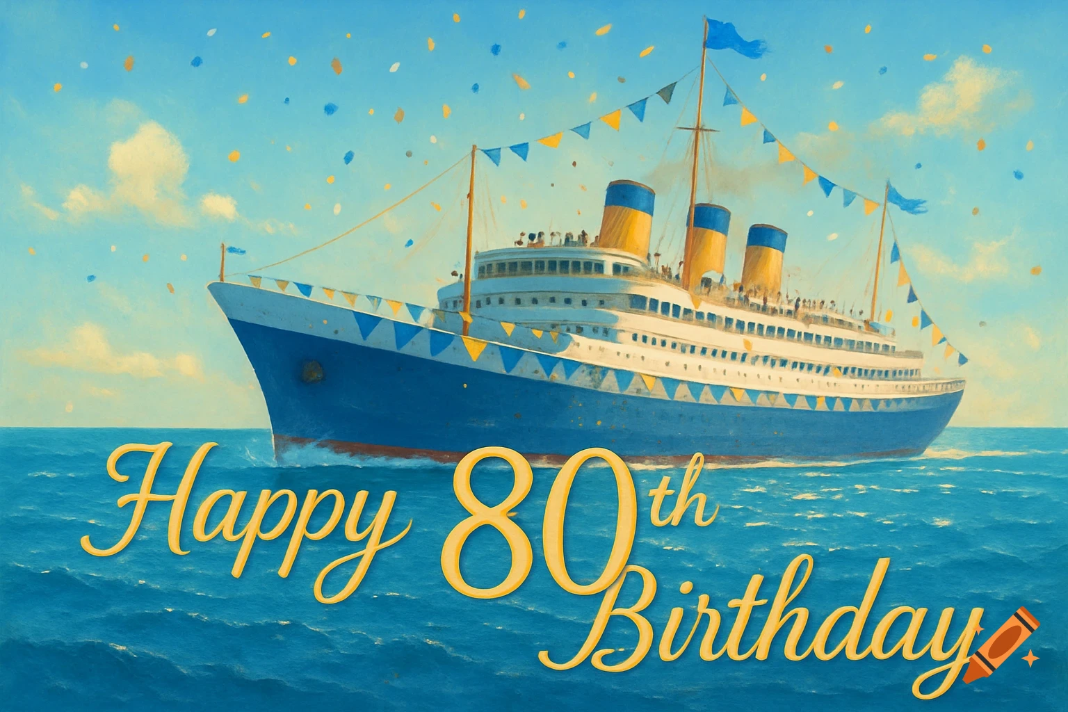 A colorful birthday card with a large blue and white cruise ship sailing on the ocean, with the text "Happy 80th Birthday" in yellow script, and confetti in the sky.