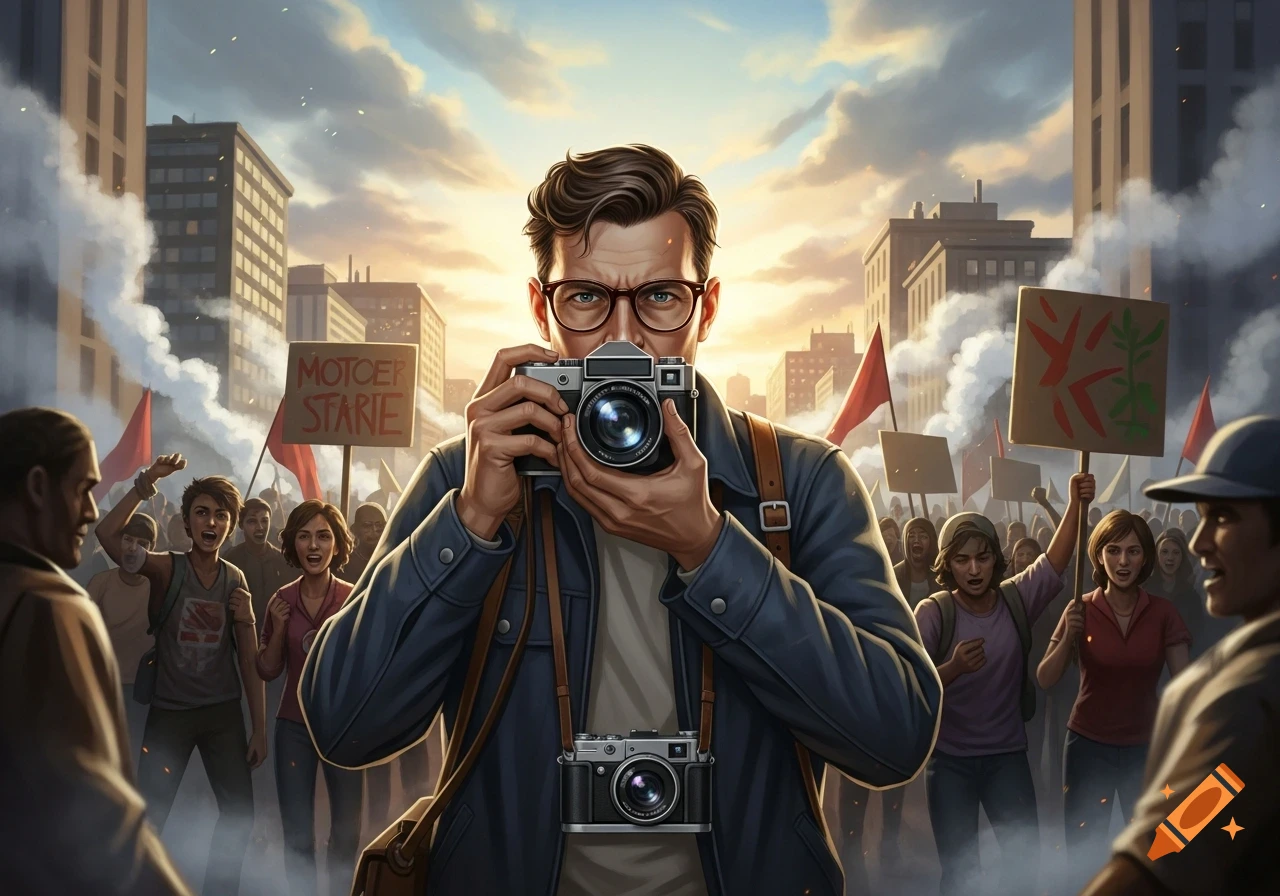 Illustrated photographer with glasses, holding a camera amidst a protesting crowd in an urban setting at sunset.