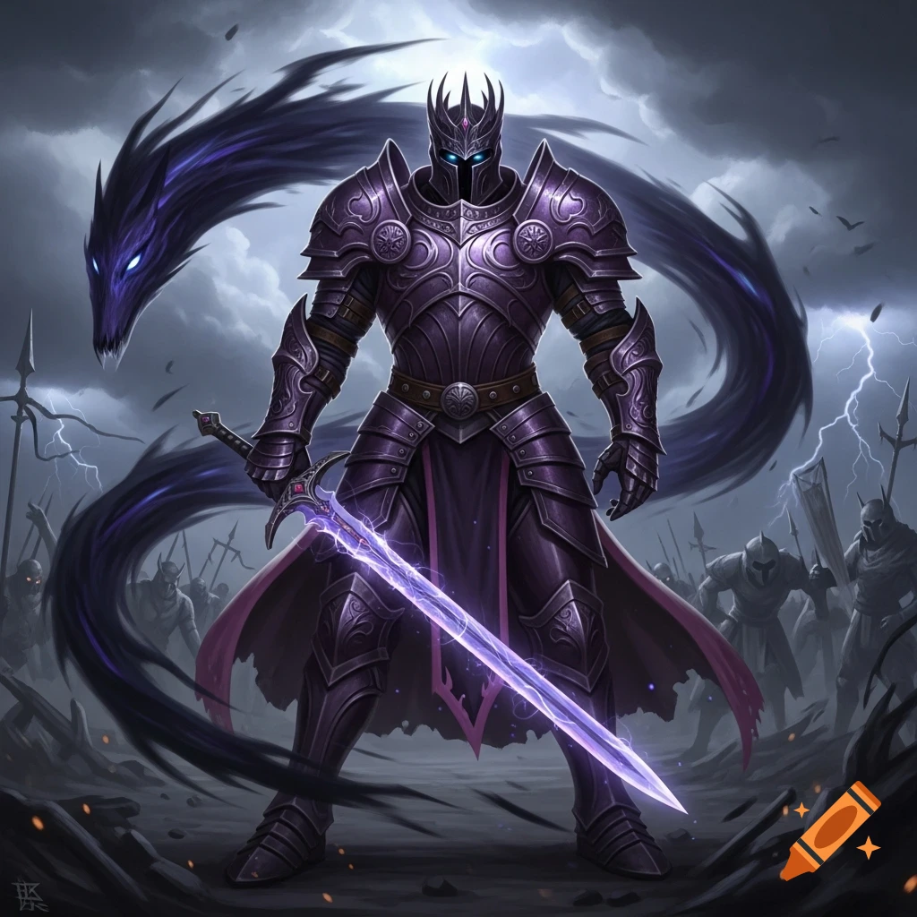 A powerful knight in dark purple armor with a glowing purple sword stands before an army, a living shadowy dragon-like creature behind him under a stormy sky.