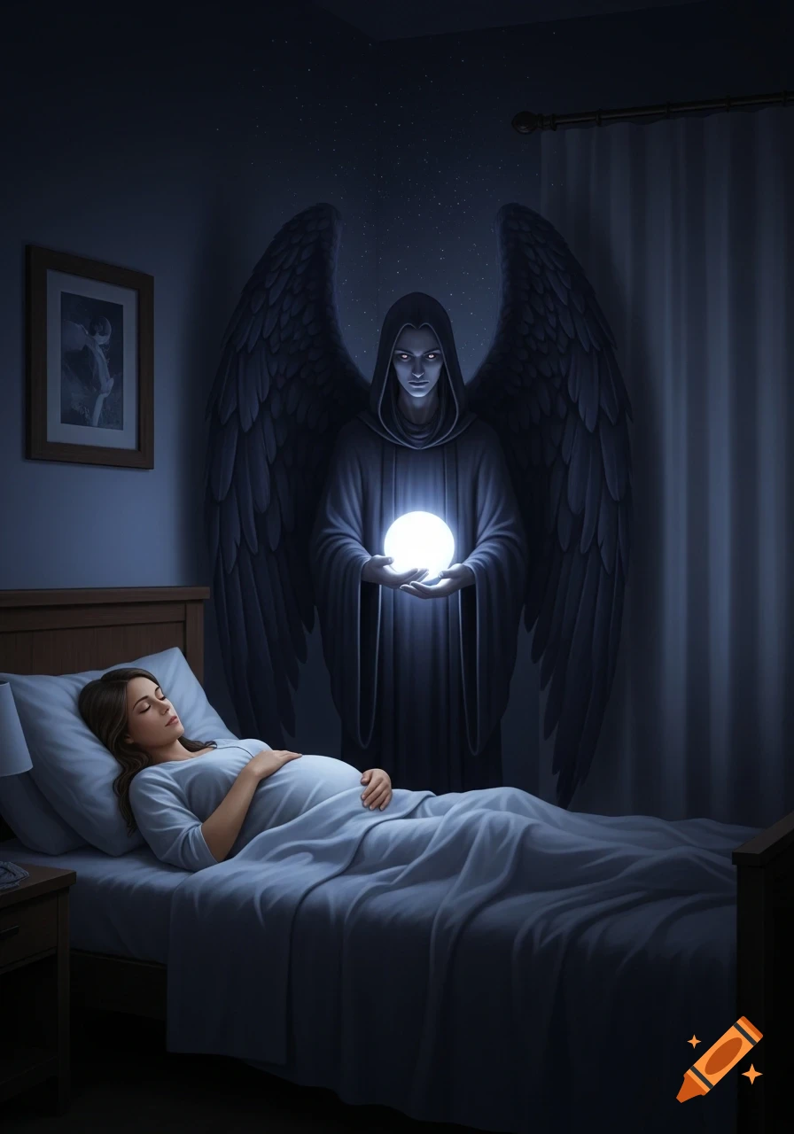 A dark angelic figure with large wings stands over a sleeping pregnant woman's bed, holding a glowing white orb in a dimly lit bedroom.