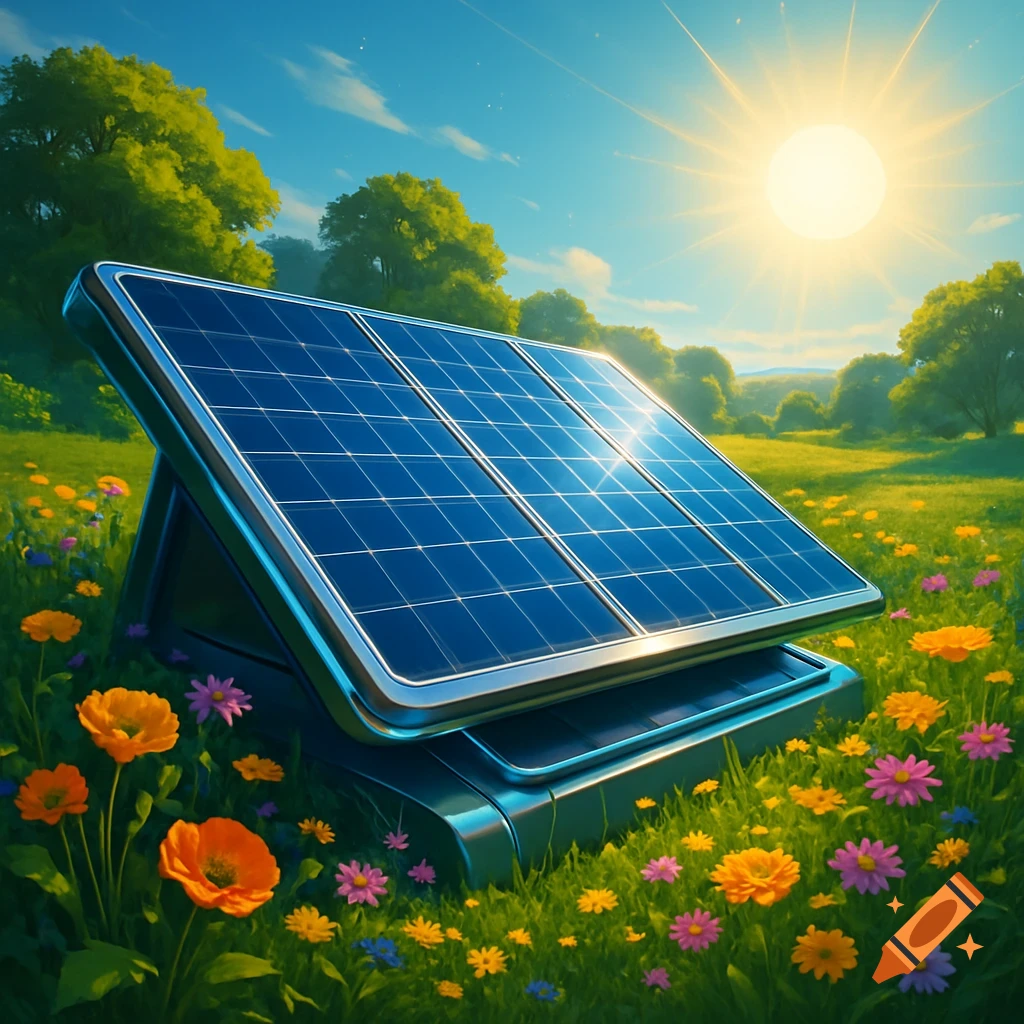 A solar panel stands in a vibrant green field filled with colorful wildflowers under a bright sunny sky.
