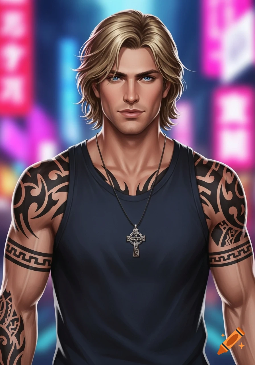 Digital art portrait of a muscular man with blonde hair, blue eyes, and tribal tattoos, wearing a dark tank top and a Celtic cross necklace, with a blurred neon city background.